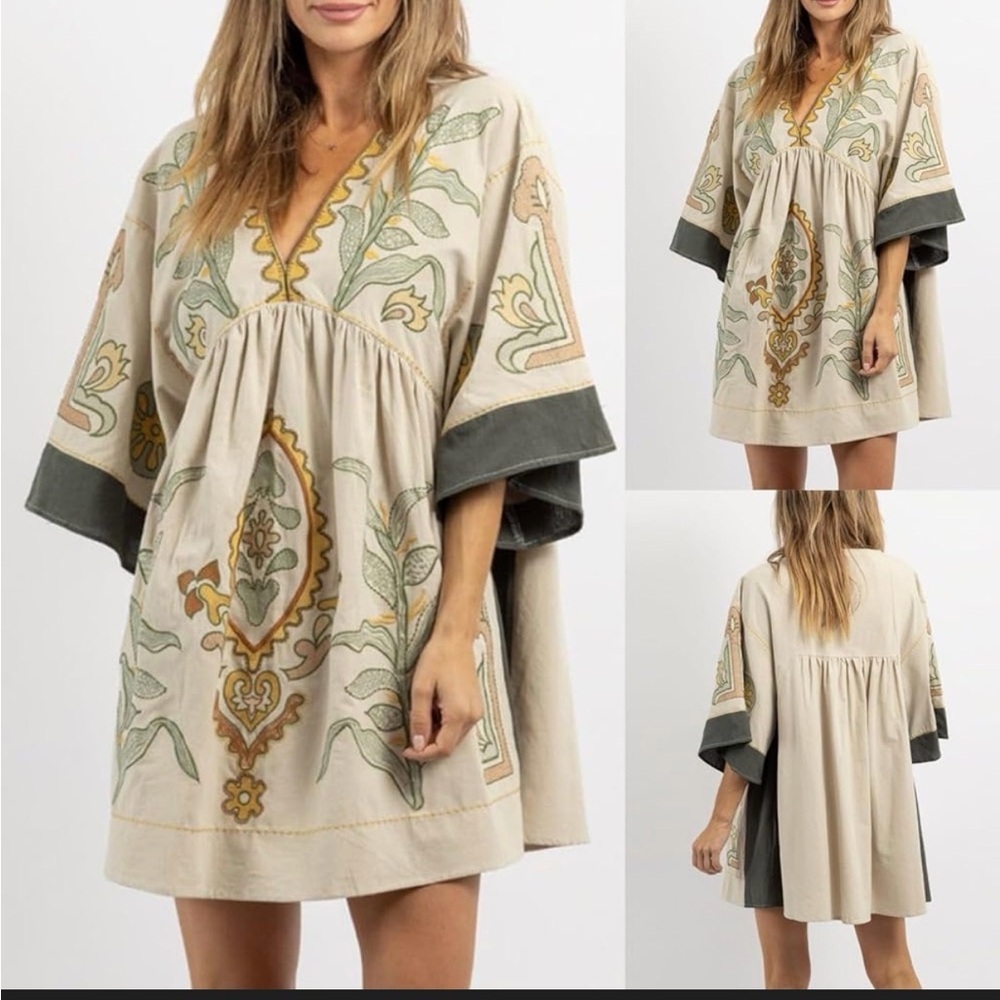 Dreamy Boho Embroidered Babydoll Dress | Cream + Sage | Size M